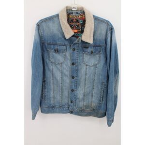 Dravus Denim Jeans Jacket Sherpa Collar Native Pattern Lining Size Large
